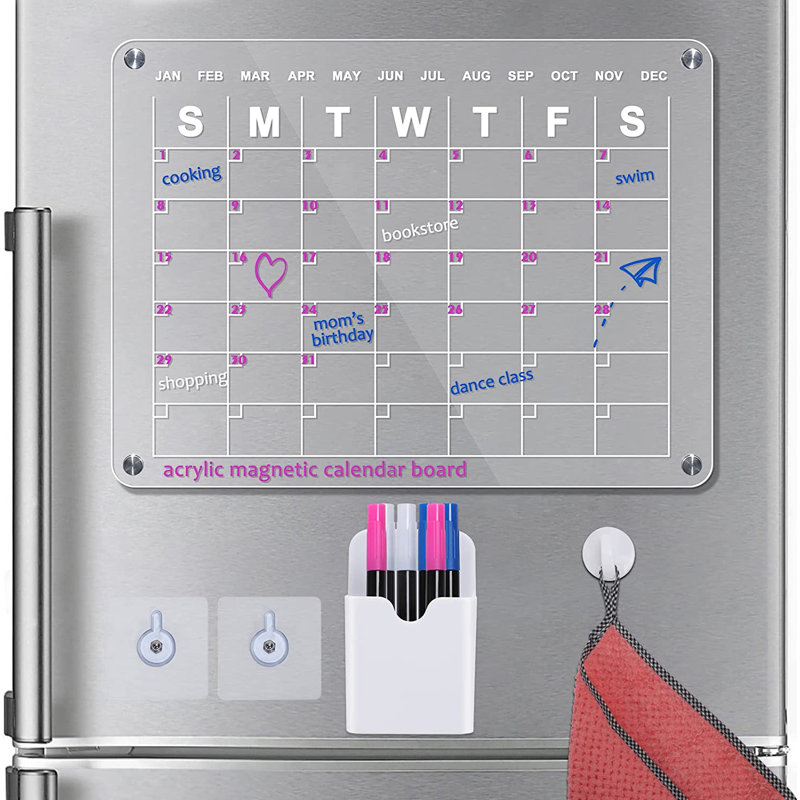 Tableau magnétique effaçable à sec en acrylique, tableau de calendrier adhésif avec 6 stylos