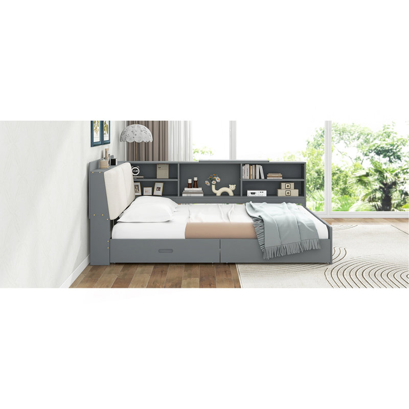 Lit plateforme en bois avec tête de lit, tablettes et 2 tiroirs, gris, Gris, Full