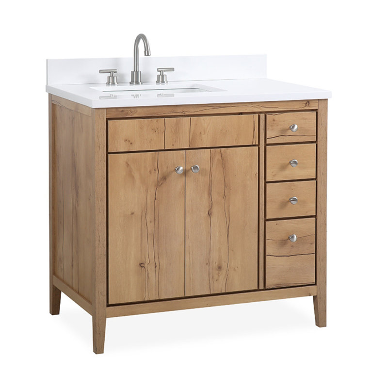 Meuble-lavabo sur pied moderne en bois naturel Beatrice de 91 cm (36 po) de la marque Tennant, lavabo simple, comptoir en quartz blanc, entièrement assemblé