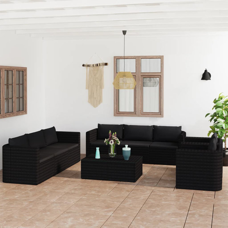 Large canapé de patio avec coussins, 10 pièces: 2 tables, 3 tables de coin, 4 chaises , Black