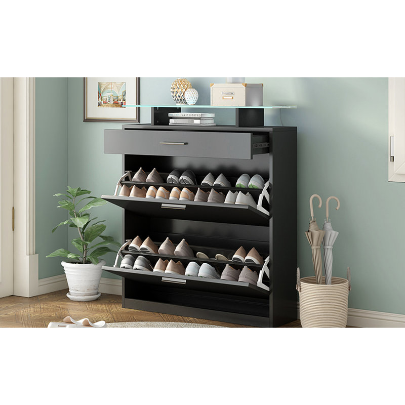 Armoire à chaussures contemporaine avec plateau en verre trempé, 3 tiroirs, compartiments réglables, convient à un organisateur de couloir ou d'entrée, panneau de particules noir, divers types