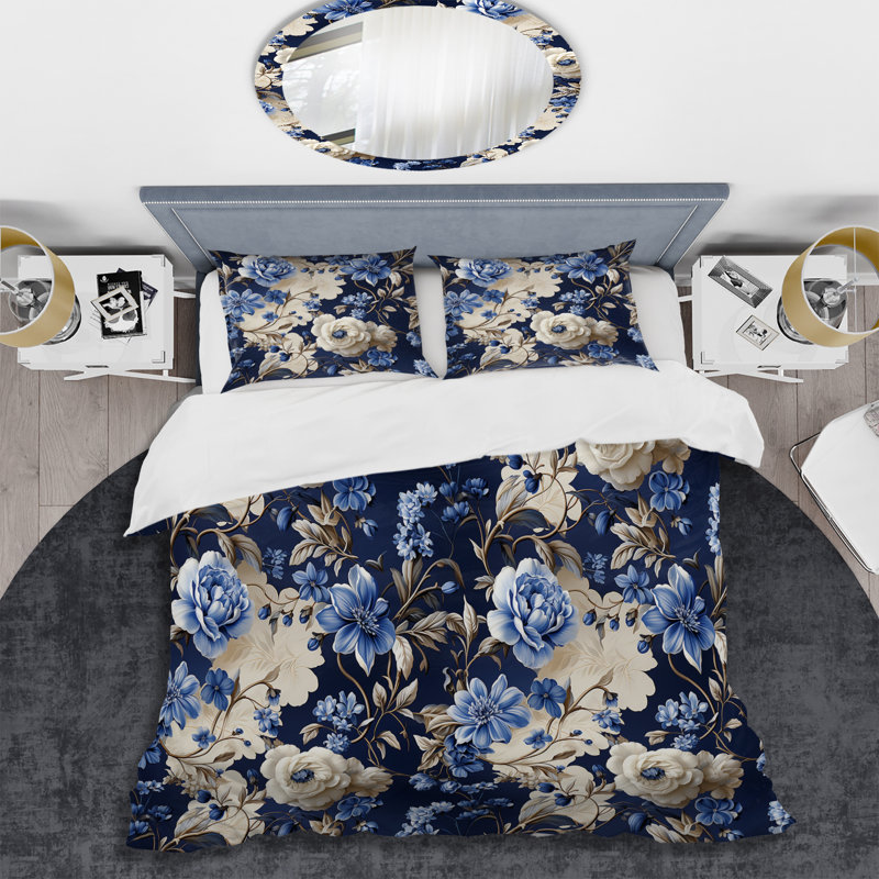 Ensemble de housse de couette Cobalt Blue Cameo Trellis Victorian, Housse de couette pour très grand lit et 2 très