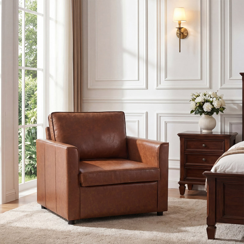 39" Faux Leather Armchair For Living Room, Single Sofa Chair With Deep Seat Cushion, Brown, Brown