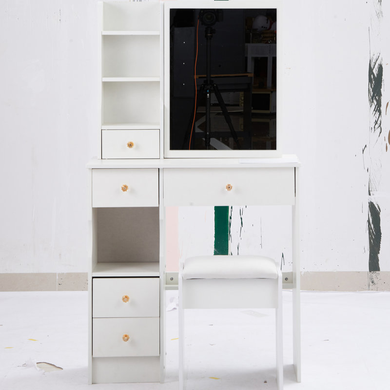 Petit meuble-lavabo blanc avec tiroir de gauche, miroir coulissant à droite, rangement multicouche, tabouret rembourré, design américain et longueur de 29,2 po et hauteur de 50,4 po pour les espaces