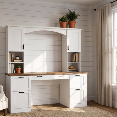 Office Workstation, Computer Desk With Bookcase, Featuring Charging Station And Keyboard Tray, With Document Drawers, All-In-One Design, Modern Farmhouse Style, Contrasting Colour Scheme, Walnut + White