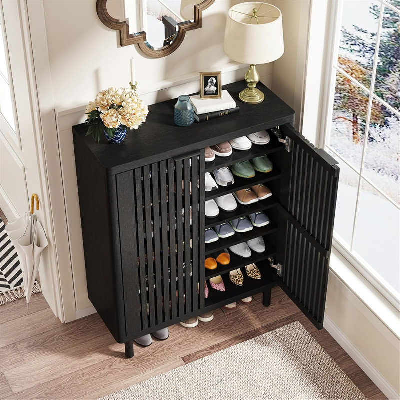 33.46" Modern Black Wooden  6-Tier Shoe Cabinet With Louvered Doors, Black