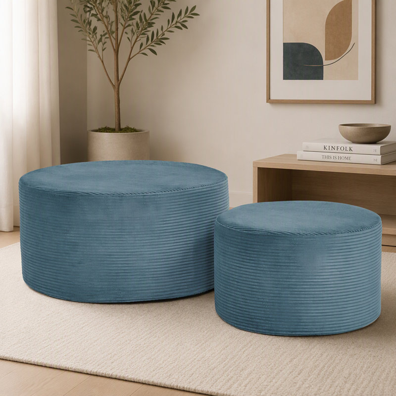 Ensemble de 2 poufs cylindriques rembourrés avec siège et repose-pieds polyvalents, Blue
