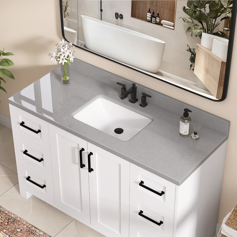 48 po X P 22 po D Meuble-lavabo de salle de bain rectangulaire à double cuve rectangulaire gris droit avec comptoir à dosseret et 3 trous de robinet pré-percés
