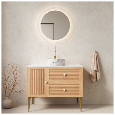 MUNIN 36" Bathroom Vanity with Sink, Freestanding Plywood Storage Cabinet with 4 Metal Legs, Door and 2 Drawers, White Ceramic Basin with Stone Pattern, NO Faucet, Pre-assembled, Oak Woodgrain Color