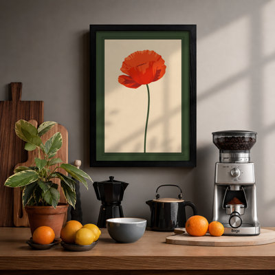 Single Red Poppy Botanical - Framed Print