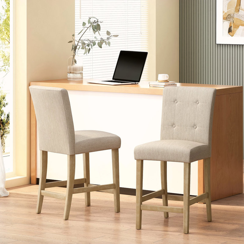 Ensemble de 2 tabourets de comptoir capitonnés contemporains en tissu, 26 po, Naturel, Beige