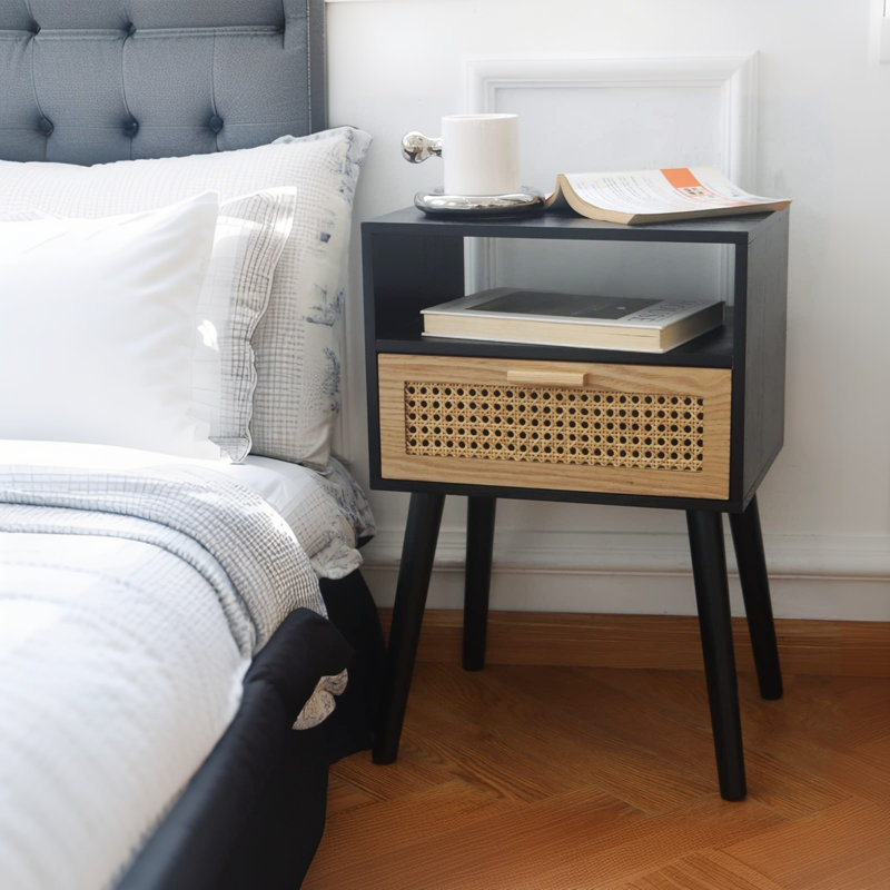 Mid Century Modern Nightstand - Small Bedside Table With Rattan Drawer - Wood End Table With Open Shelf For Small Spaces
