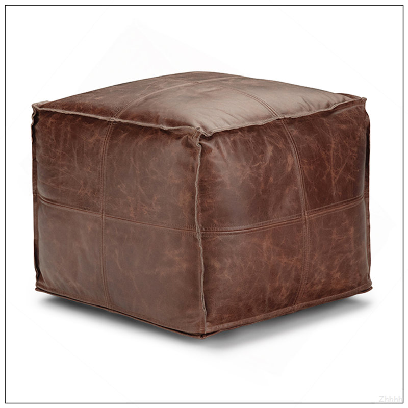 Repose-pieds carré en cuir véritable brun Sheffield, Cuir brun