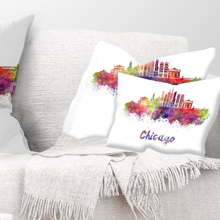 Housse de coussin carré et insert Chicago Skyline in Watercolor Cityscape, Rectangle 12" x 20"