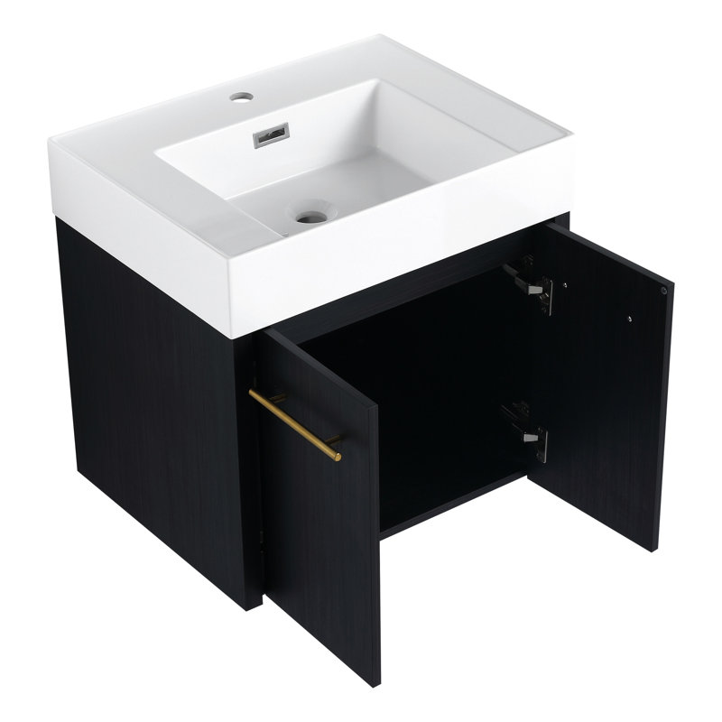 Meuble-lavabo de salle de bain - fixation murale 24 po, lavabo en résine épaisse, charnières à fermeture silencieuse, abat-jour en châtaignier noir avec composant moderne, portes à bordures à peine perceptibles, éclat