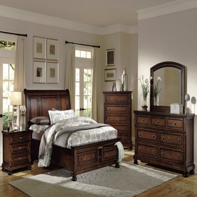Brown Cherry Finish Traditional Full Platform Bed With Footboard Storage Sleigh Headboard Classic Bedroom Furniture 1pc