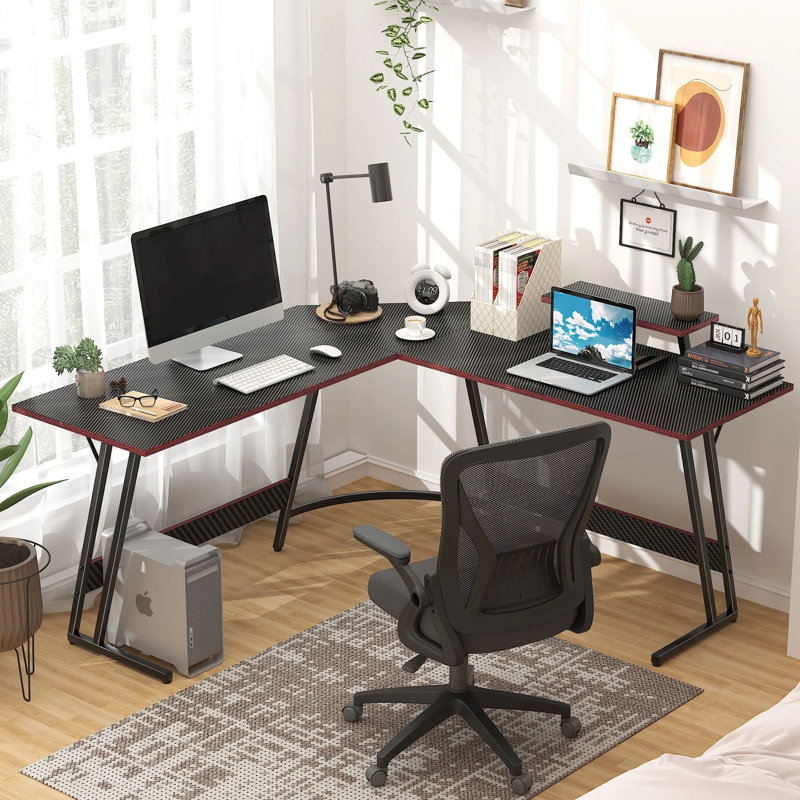 Bureau d'ordinateur en forme de L avec grand support pour écran Sherri, Noir, noir, noir, noir, H 29 po x l 58 po x P 22,8 po