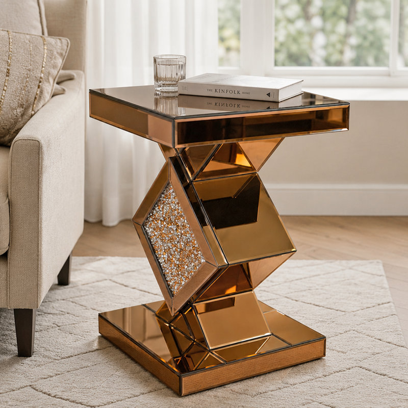 Table de bout en miroir à motif de diamant concassé, table d'appoint latérale brune, petite table basse à miroir pour le salon, la chambre à coucher,