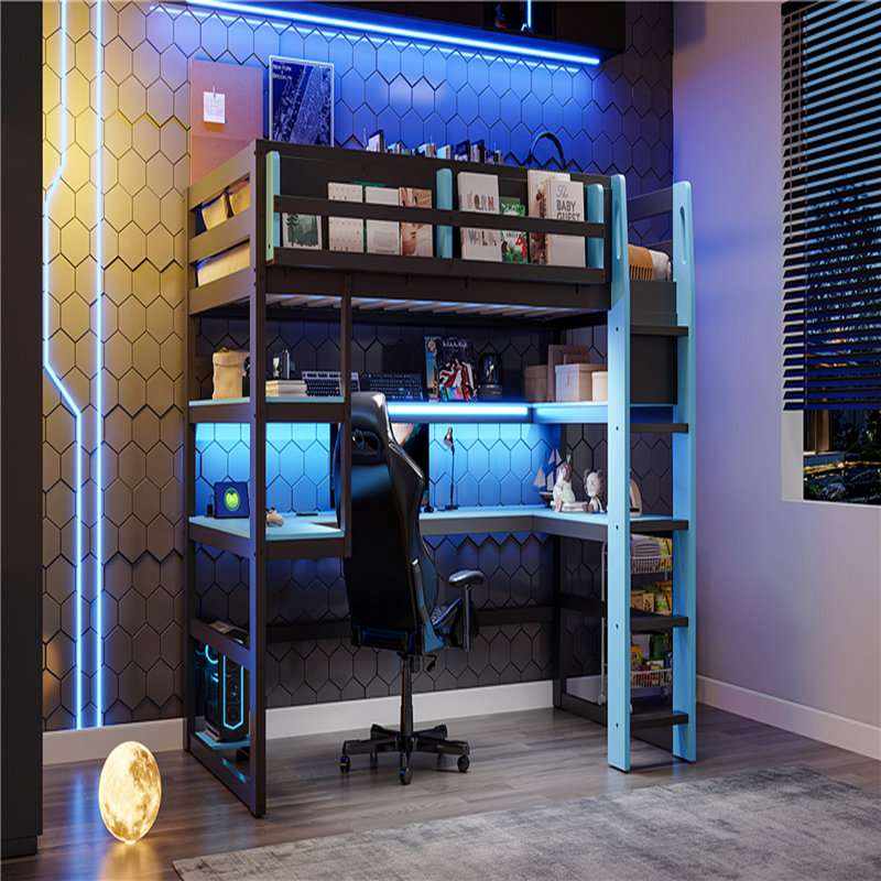 Lit mezzanine simple en bois avec bureau, étagère de rangement latérale, tablettes multiples et lumière RVB, bleu nuage, Twin