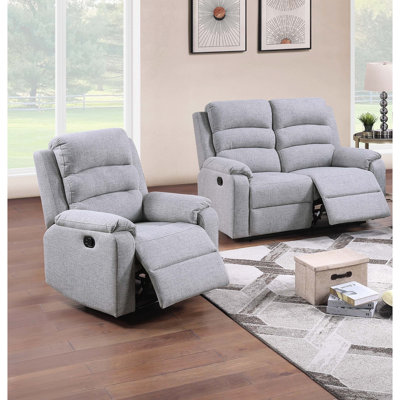 Salon moderne 2 pièces de 1 personne avec fauteuil inclinable, couleur os véritable, texture de toile de jute, sièges à mouvement manuel, parfait pour les 2 pièces contemporaines avec housse d'aspect beige, coussins à coutures verticales,