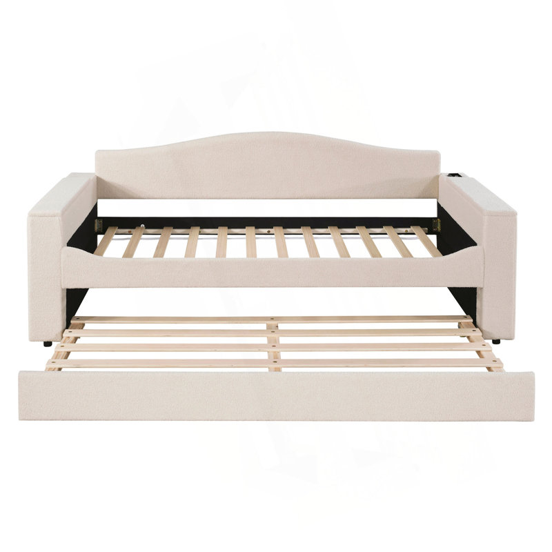Upholstered Daybed With Storage Armrests, Trundle And Latest Integrated Bluetooth Audio System, Teddy Fleece