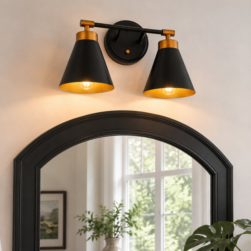 2-Light Bath Vanity Light Dimmable with Black Brass Metal Shade