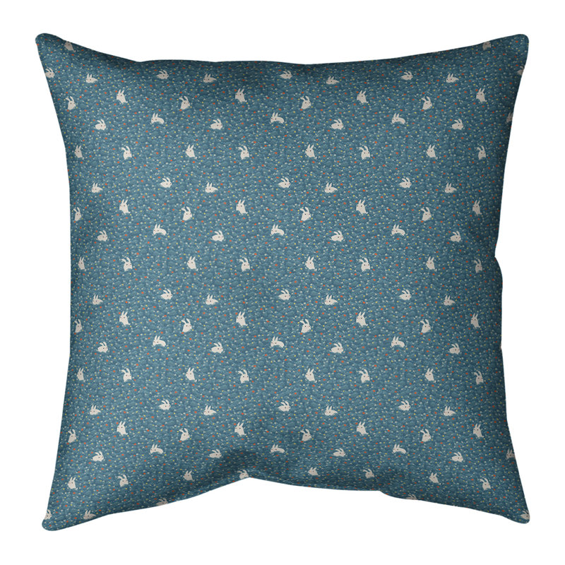Housse de coussin carrée à motif de lapin vert et insert, Bourre en polyester, H 26 po x l 26 po, Bleu marine / blanc
