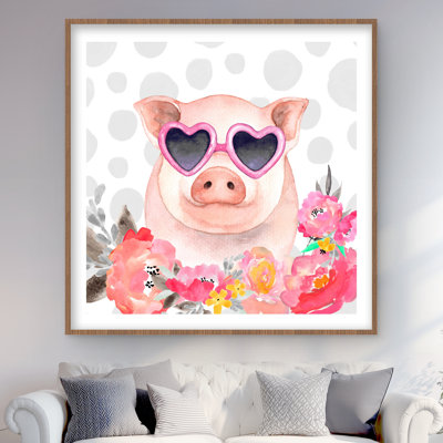 Little pig in love - Pink Flowers Framed Matted Print Decor