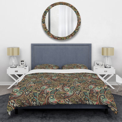 Ensemble de housse de couette à motif floral cachemire brun - Polyester microfibre