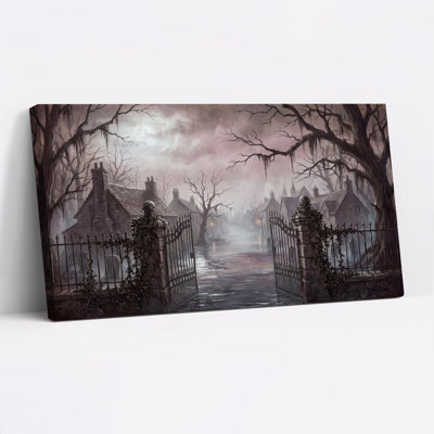 «Haunted Village Entrance with Skull Pillars», art mural sur toile