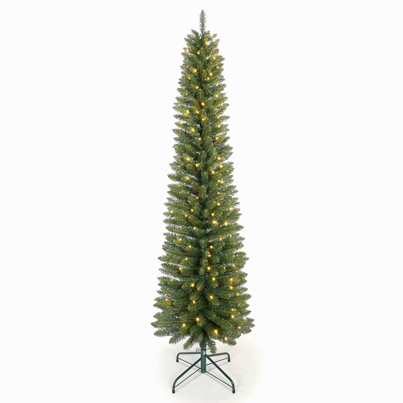 Arbre de Noël 6 pi avec 150 lumières DEL blanc chaud - arbre en PVC mince avec 358 pointes, conception compacte, support en métal stable, facile à assembler