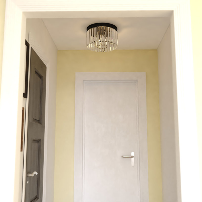 Allerton 3-Light 12 In. Wide Matte Black Modern Glam Drum Flush Mount Lighting Fixture, Clear Crystal Prisms Shade, LED Compatible, For Low Ceilings, Bedroom, Hallway, Kitchen