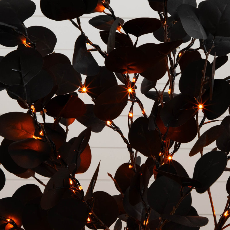 Arbre d'eucalyptus artificiel pré-éclairé noir d'Halloween avec 160 lumières DEL orange et mauves
