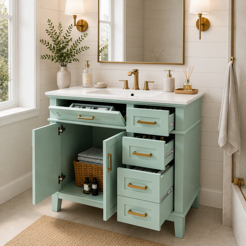 Meuble-lavabo de salle de bain de 36 pouces (91 cm) avec 4 tiroirs de rangement et porte à fermeture en douceur, Vert clair