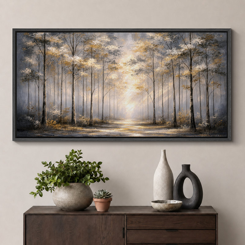 Impression sur toile encadrée, "Golden Light Forest Path Landscape", très grandes photos, H 30 po x l 60 po x P 1,5 po, Noir