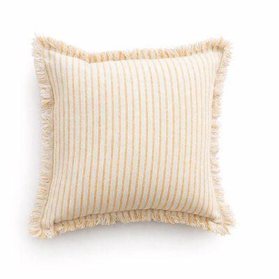 Yellow Striped Fringe Throw Pillow Cover 18" X 18" - Cotton Blend Textured Farmhouse Coastal Decorative Accent Pillow Case