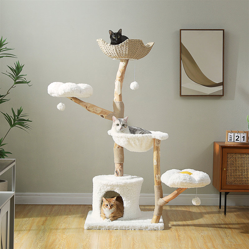Tour à chat moderne pour grands chats avec 2 perchoirs à fleurs - Poteau à griffer en bois massif naturel avec une vraie branche - Mobilier de chat Boho de luxe avec lit en osier