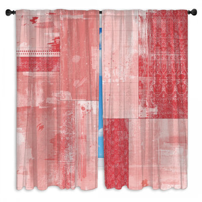 Red Geometric Patchwork Window Curtains Patchwork Sheer & Room Darkening - 2 Panels