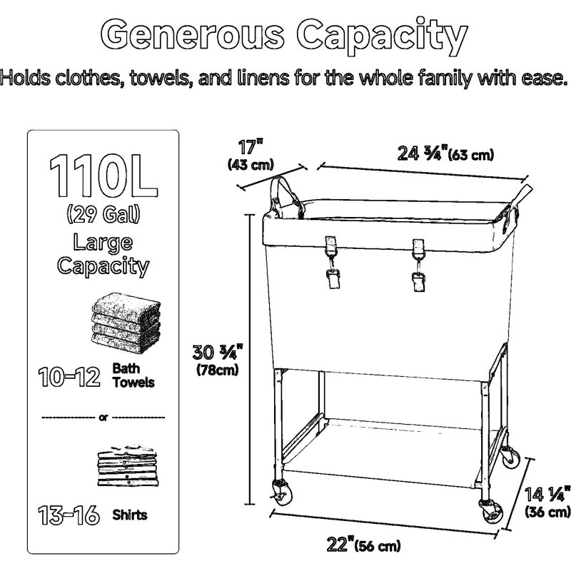 Heavy Duty Rolling Laundry Cart With 2-Tier Sorting System, Lockable Wheels And Sturdy Metal Frame For Laundry Room Organization And Storage