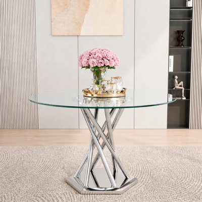 Table de salle à manger ronde en verre 47,2 po, table de cuisine ronde moderne transparente, table en verre trempé avec pieds en acier inoxydable brillant