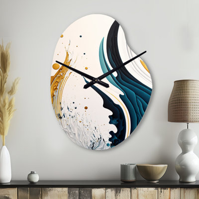 «Blue and Gold Modern Art», peinture abstraite VI - horloges asymétriques abstraites en métal, horloge murale de forme irrégulière bleue