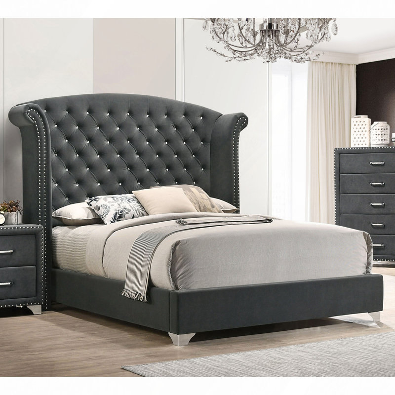 Upholstered Wingback Bed, Queen, Gray
