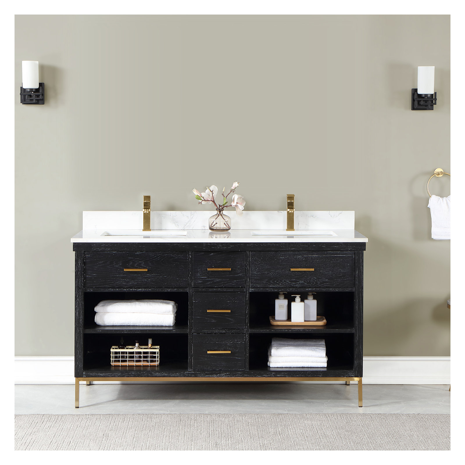 Kesia 60'' Double Bathroom Vanity, Black, Gold