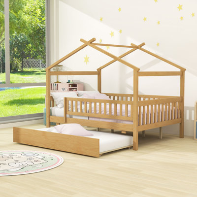 Full Size Wooden House Bed With Twin Trundle