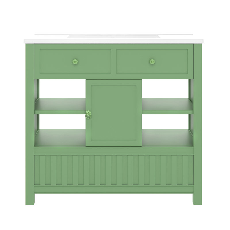 Freestanding 36" Bathroom Vanity With Ceramic Top, Light Green