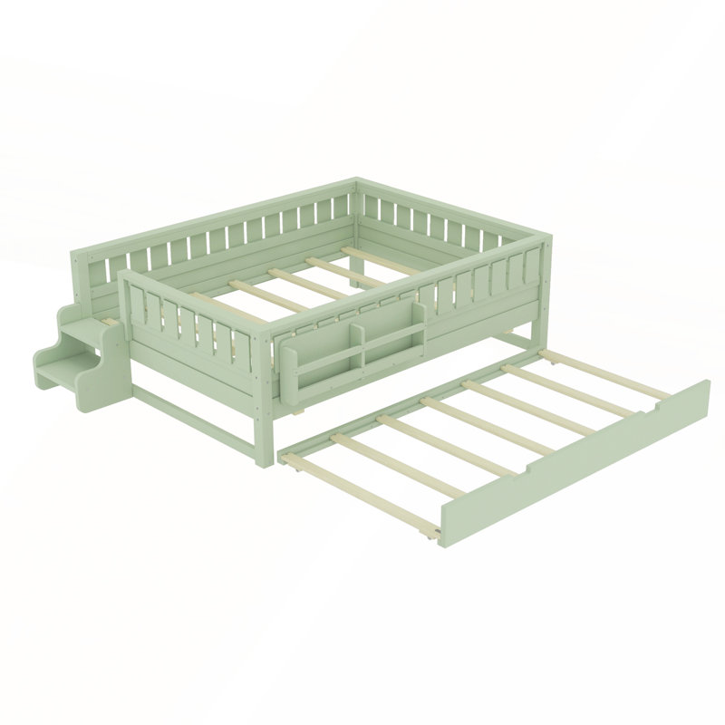 Lit double vert avocat avec tablettes intégrées, petit escalier, rails de sécurité et lit gigogne pour enfants, Double