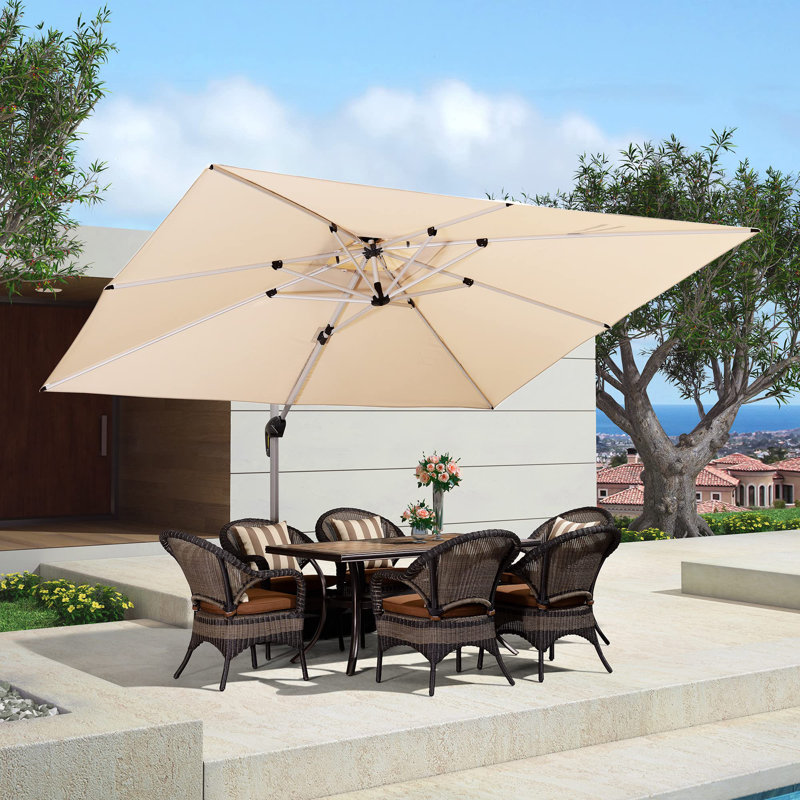 2.75m x3.3m / 2.75m x3.65m Rectangular Cantilever Parasol With Base, Beige, 274cm H x 330cm W x 270cm D