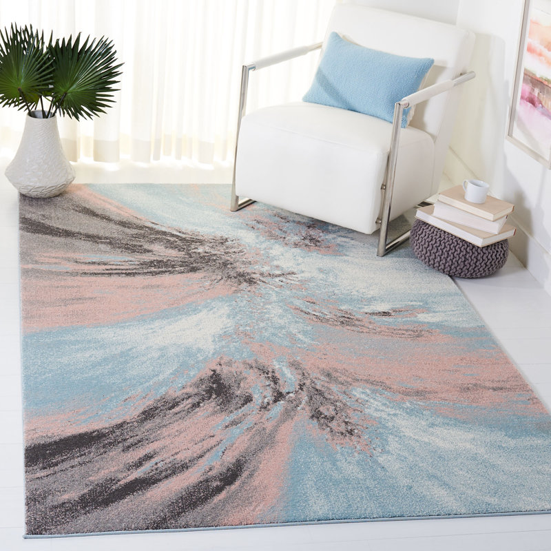 Tapis abstrait rose / bleu / gris Donnovan, Rectangle 10 pi 6 po x 14 pi