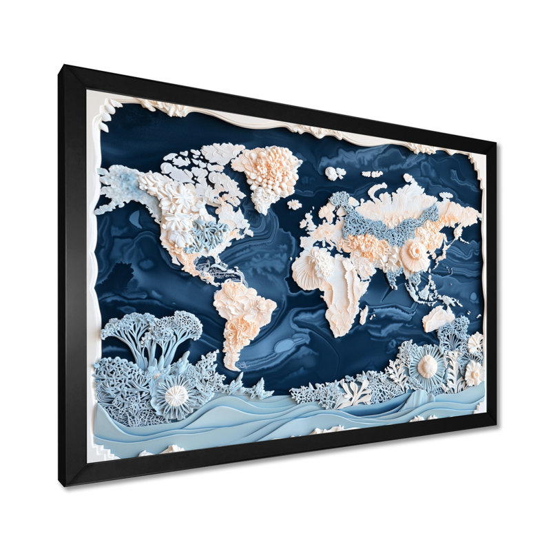 Carte du monde des océans I - art mural carte du monde, Reproduction encadrée d'une seule photo sans pass, Noir