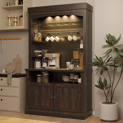 72" Farmhouse Coffee Bar Cabinet with LED Light, Buffet Sideboard, Wine Rack, Glass Shelf, Tall Kitchen Storage Hutch